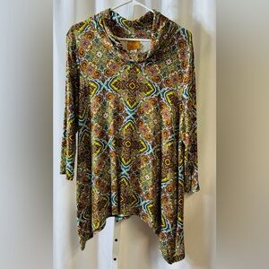 Ruby Rd. Fall Colored Paisley Asymmetrical Stretch Tunic Top 3/4 Sleeves‎ size L